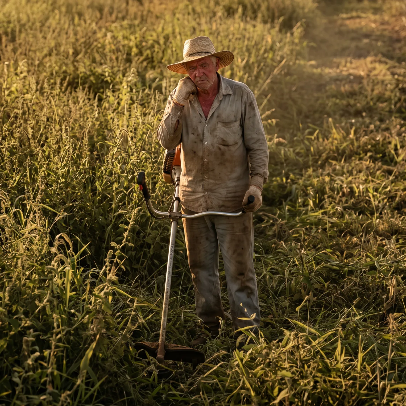 Trabalhador rural roçando manualmente com foice em terreno empoeirado
