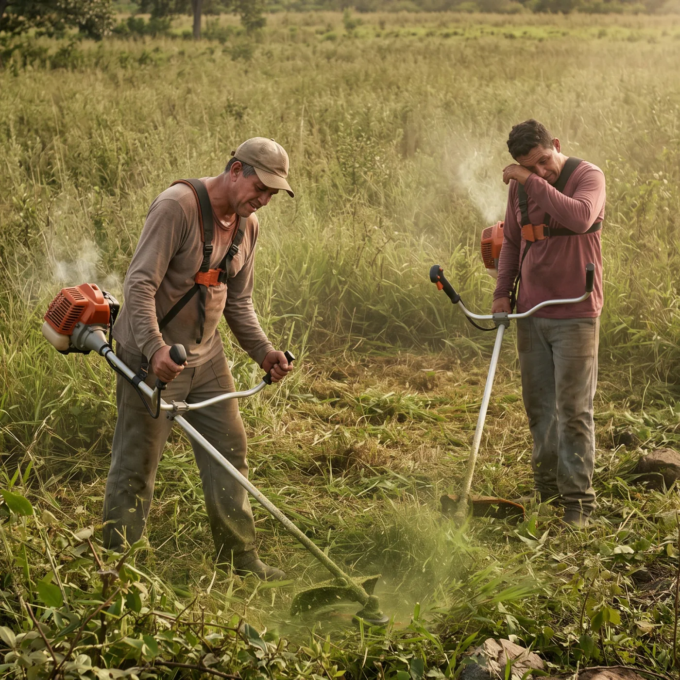 Dois trabalhadores cansados em campo com ferramenta manual e carrinho de mão